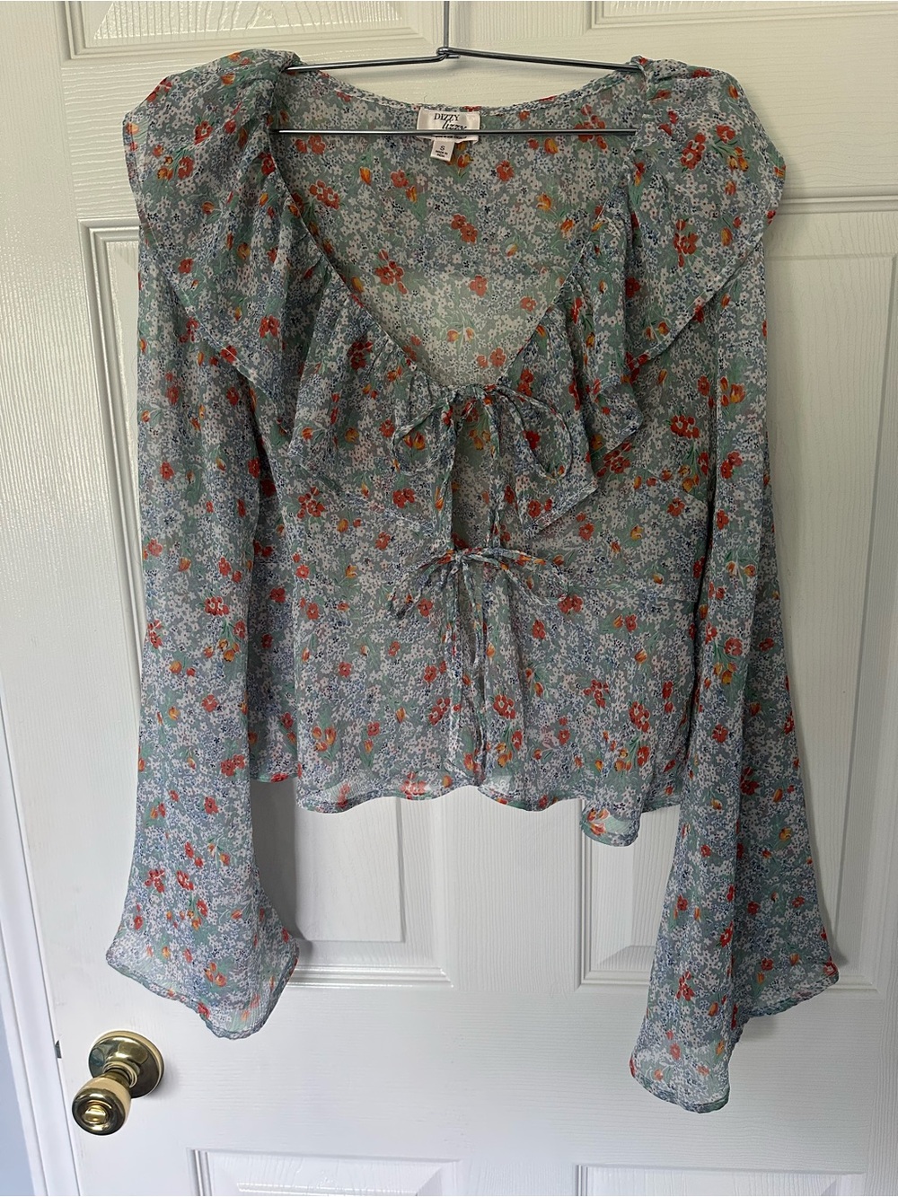 Dizzy Lizzie S Floral Ruffle Tie-Front Blouse - Light Blue with Orange Floral